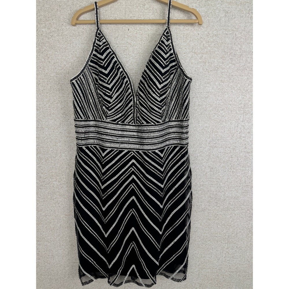 Vintage Y2K Jovani Hand Beaded Chevron Mini Dress Plus 14 Black Silver Cocktail